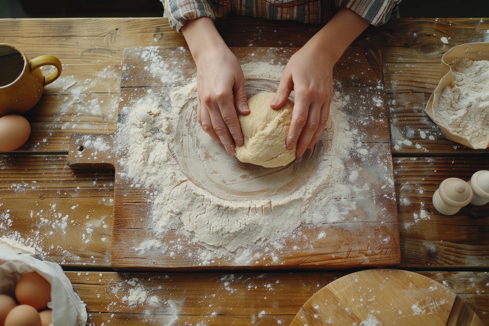 Close-up of hands kneading dough
